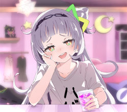 Rule 34 | 1girl, black hairband, blush, bright pupils, collarbone, commentary request, crescent, cup, drinking glass, hair ornament, hairband, holding, holding cup, hololive, indoors, ixy, long hair, looking at viewer, murasaki shion, open mouth, shiokko (murasaki shion), shirt, short sleeves, smile, solo, star (symbol), t-shirt, teeth, upper body, upper teeth only, virtual youtuber, white hair, white pupils, white shirt, yellow eyes