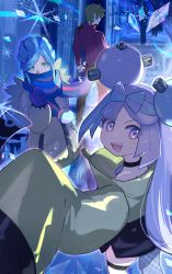 Rule 34 | 1girl, 2boys, :d, back, bare shoulders, blonde hair, blue eyes, blue gloves, blue hair, blue thighhighs, brassius (pokemon), character request, creatures (company), game freak, gloves, grusha (pokemon), gym leader, hair ornament, highres, hsin, iono (pokemon), long hair, looking at viewer, multiple boys, nintendo, open mouth, pencil skirt, pokemon, pokemon sv, scarf, sharp teeth, skirt, sleeves past wrists, smile, teeth, thigh strap, thighhighs