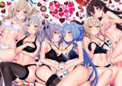 Rule 34 | 6+girls, ahoge, akusema, alternate breast size, amber (genshin impact), ass, asymmetrical docking, barbara (genshin impact), bare shoulders, black bra, black panties, black thighhighs, blonde hair, blue bra, blue hair, blue panties, blunt bangs, blush, bow, bra, braid, breast press, breasts, brown eyes, brown hair, candy, chocolate, chocolate heart, closed mouth, cone hair bun, covering privates, covering breasts, crossed bangs, embarrassed, flower, food, frilled bra, frilled panties, frills, ganyu (genshin impact), garter straps, genshin impact, goat horns, hair between eyes, hair bow, hair bun, hair flower, hair ornament, hair ribbon, hands up, heart, heart hands, highres, horns, interlocked fingers, jean (genshin impact), keqing (genshin impact), large breasts, lingerie, long hair, looking at viewer, low ponytail, multiple girls, navel, noelle (genshin impact), panties, pink eyes, purple eyes, purple hair, red flower, red ribbon, red rose, ribbon, rose, shiny skin, short hair, siblings, silver hair, sisters, thighhighs, thighs, underwear, underwear only, valentine, white bra, white headwear, white panties, yellow eyes