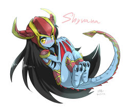 Rule 34 | armor, barefoot, black hair, blue skin, blush, character name, closed mouth, colored skin, dated, horns, league of legends, long hair, looking at viewer, midriff, shyvana, simple background, sollyz, tail, white background, wings, yellow eyes