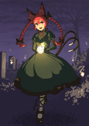 Rule 34 | 1girl, :d, absurdres, animal ear fluff, animal ears, bad id, bad pixiv id, bare tree, black bow, black footwear, bow, braid, bush, cat ears, cat tail, dress, eyebrows hidden by hair, footwear bow, full body, glowing, graveyard, green dress, hair between eyes, hair bow, hair ribbon, highres, hitodama, holding, holding skull, juliet sleeves, kaenbyou rin, light, light blush, long hair, long sleeves, looking at viewer, multiple tails, neck ribbon, nekomata, night, night sky, niru (skyblue-town11-5), open mouth, overcast, pantyhose, petticoat, puffy sleeves, red eyes, red hair, red ribbon, ribbon, skull, sky, smile, solo, tail, teeth, tombstone, touhou, tree, tress ribbon, twin braids, twintails, two tails, upper teeth only, walking, white pantyhose