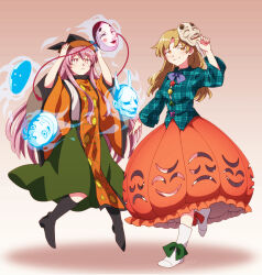 Rule 34 | 2girls, alternate costume, aura, black footwear, blonde hair, blue shirt, boots, bow, bowtie, bubble skirt, cosplay, costume switch, detached sleeves, expressionless, floating, full body, gradient background, green skirt, hand up, hands on headwear, hat, hata no kokoro, hata no kokoro (cosplay), highres, long hair, long skirt, long sleeves, mask, matara okina, matara okina (cosplay), midair, multiple girls, noh mask, oni mask, orange skirt, pink hair, plaid, plaid shirt, purple bow, shadow, shikido (khf), shirt, shoes, skirt, standing, standing on one leg, tabard, touhou, white footwear, white shirt
