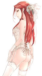 Rule 34 | 1girl, ass, bare shoulders, bow, breasts, corset, garter straps, gloves, hair bow, idolmaster, idolmaster cinderella girls, lingerie, lips, long hair, looking at viewer, looking back, medium breasts, null (chronix), panties, parted lips, red hair, revision, simple background, solo, standing, thighhighs, thong, underwear, white background, white gloves, white panties, white thighhighs, zaizen tokiko