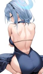 Rule 34 | 1girl, absurdres, ako (blue archive), ako (dress) (blue archive), ass, back, backless dress, backless outfit, black hairband, blue archive, blue dress, blue eyes, blue hair, blue halo, blush, breasts, dress, from behind, hairband, halo, highres, kithera, large breasts, long hair, looking at viewer, looking back, official alternate costume, simple background, sleeveless, sleeveless dress, solo, white background