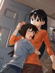 Rule 34 | 2girls, :d, absurdres, arms around waist, azumanga daiou, black hair, blue pants, blunt ends, blush, bob cut, breasts, brown hair, brown pants, casual, closed eyes, commentary, cuddling, denim, door, dutch angle, english commentary, grey shirt, hair between eyes, hand on another&#039;s head, head on chest, height difference, highres, hug, indoors, inverted bob, jeans, kaori (azumanga daioh), liamickpie, long hair, long sleeves, looking at another, looking down, medium breasts, multiple girls, nuzzle, open mouth, orange sweater, pants, parted lips, raised eyebrows, ribbed sweater, sakaki (azumanga daioh), shirt, short sleeves, sketch, smile, sweater, t-shirt, tearing up, upper body, very long hair, yuri