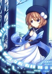 Rule 34 | absurdres, alternate costume, belt, blanc (neptunia), blue eyes, breasts, brown hair, dress, forest, hat, highres, mountains, nature, neptune (series), nov, scarf, short hair, skirt, small breasts, solo, tree