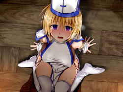 Rule 34 | 1girl, arm support, blonde hair, blush, boots, breasts, cross, detached sleeves, empty eyes, from above, hat, heavy breathing, imminent rape, kappamaru, knee boots, large breasts, looking at viewer, nose blush, open mouth, original, over-kneehighs, pelvic curtain, priest, purple eyes, short hair, sitting, solo, sweat, thighhighs, wariza, white footwear, white thighhighs