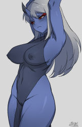 Rule 34 | 1girl, armpits, black dress, blue oni, blush, breasts, cleft of venus, closed mouth, dress, eyeshadow, grey background, grey hair, hands up, head tilt, horns, kimiko (zakusi), large breasts, legs together, long hair, makeup, nipples, oni, oni horns, original, pussy, red eyes, see-through, see-through dress, signature, simple background, single horn, sleeveless, sleeveless dress, slit pupils, solo, standing, turtleneck, turtleneck dress, zakusi