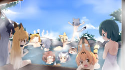 Rule 34 | 10s, 6+girls, :d, = =, ahoge, animal ears, arms up, blonde hair, blue sky, blush, blush stickers, bottle, brown eyes, brown hair, capybara (kemono friends), capybara ears, choko (cup), closed eyes, cloud, commentary, common raccoon (kemono friends), convenient censoring, cup, day, drinking, eurasian eagle owl (kemono friends), extra ears, ezo red fox (kemono friends), fang, fennec (kemono friends), food, fox ears, fox tail, green eyes, green hair, grey hair, handheld game console, head wings, highres, holding, holding cup, icicle, jaguar (kemono friends), jaguar ears, japari bun, japari symbol, kaban (kemono friends), kemono friends, long hair, looking at another, makuran, mountain, multicolored hair, multiple girls, naked towel, northern white-faced owl (kemono friends), nude, onsen, open mouth, otter ears, outdoors, outstretched arms, partially submerged, raccoon ears, raccoon tail, sake bottle, sandstar, serval (kemono friends), serval tail, short hair, silver fox (kemono friends), sitting, sky, small-clawed otter (kemono friends), smile, spread arms, standing, steam, steam censor, tail, tokkuri, towel, towel on head, tray, tree, very long hair, water, water gun, white hair, wings, yellow eyes