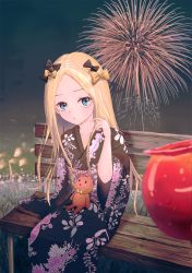 Rule 34 | 1girl, abigail williams (fate), aergia c, bench, black bow, black kimono, blonde hair, blue eyes, blurry, blurry foreground, bow, candy apple, closed mouth, collarbone, fate (series), fireworks, floral print, food, hair bow, twirling hair, highres, japanese clothes, kimono, long hair, looking at viewer, multiple hair bows, night, outdoors, parted bangs, pov, print kimono, sitting, solo, stuffed animal, stuffed toy, teddy bear, very long hair, yellow bow, yellow neckwear, yukata