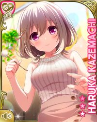 Rule 34 | 1girl, bare arms, brown dress, brown hair, card (medium), character name, closed mouth, day, dress, girlfriend (kari), grey shirt, hair ornament, hairclip, indoors, jewelry, kazemachi haruka, looking at viewer, necklace, no sleeves, official art, pearl necklace, qp:flapper, red eyes, shirt, short hair, smile, solo, tagme