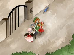 Rule 34 | 4girls, bad id, bad pixiv id, blonde hair, blush, bow, braid, comic, crack, embarrassed, artistic error, female focus, flandre scarlet, from above, gate, hair bow, hammer (sunset beach), hat, hong meiling, izayoi sakuya, large bow, light purple hair, maid, maid headdress, multiple girls, no wings, remilia scarlet, short hair, silent comic, silver hair, touhou, umbrella, v arms, wall, wings