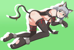 Rule 34 | 1girl, animal ears, animal hands, ass, bell, black thighhighs, blush, cat ears, cat paws, gloves, green eyes, grey hair, hair bell, hair ornament, open mouth, paw pose, sanya v. litvyak, simple background, solo, strike witches, sweat, tail, thighhighs, tongue, world witches series