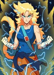 Rule 34 | 1girl, angry, aura, belt, blonde hair, blood, blood on face, blood on hands, blood on shoulder, blue belt, blue sash, blue shirt, blue tank top, breasts, closed mouth, collarbone, cowboy shot, dragon ball, dragonball z, electricity, eyelashes, genderswap, genderswap (mtf), gloves, green eyes, hair intakes, highres, long hair, medium breasts, sash, shirt, solo, spiked hair, super saiyan, super saiyan 2, sword, tank top, thirdphp, torn clothes, torn shirt, torn tank top, trunks (dragon ball), trunks (future) (dragon ball), v-shaped eyebrows, weapon, weapon on back, white gloves, yellow fur, yellow tail