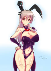 Rule 34 | 1girl, android, animal ears, bare shoulders, breasts, rabbit ears, coattails, dated, fake animal ears, fujikusa, grey hair, hand on own hip, headset, highres, large breasts, navel, original, playboy bunny, smile, solo, wide hips, wrist cuffs