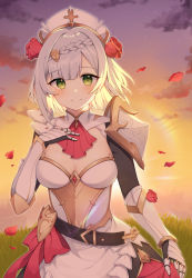 Rule 34 | 1girl, absurdres, apron, breasts, cleavage, closed mouth, flower, genshin impact, green eyes, highres, looking at viewer, maid, maid apron, maid headdress, noelle (genshin impact), paaru, rose, short hair, smile, solo, standing, white hair