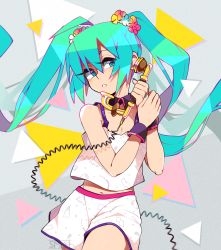 Rule 34 | 1girl, aqua eyes, aqua hair, breasts, cable, camisole, cleavage, commentary, detached collar, hatsune miku, highres, long hair, navel, phone, sami briggs, scrunchie, shorts, small breasts, solo, very long hair, vocaloid, wrist cuffs