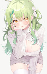 Rule 34 | 1girl, artist name, blush, braid, breasts, ceres fauna, cleavage, cleavage cutout, clothing cutout, commentary, cropped legs, crossed bangs, deyui, flower, green hair, green nails, hair between eyes, hair flower, hair ornament, head rest, highres, hololive, hololive english, huge breasts, leaning forward, long hair, long sleeves, looking at viewer, meme attire, no pants, open-chest sweater, open mouth, simple background, skindentation, sleeves past wrists, solo, sweat, sweater, thigh gap, thighhighs, thighs, turtleneck, turtleneck sweater, virtual youtuber, white background, white flower, white sweater, yellow eyes