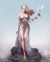 Rule 34 | 1girl, absurdres, accessories, ankle strap, bird, blonde hair, blue eyes, breasts, detached sleeves, dress, highres, jagercoke, jewelry, long hair, looking at viewer, necklace, original, pigeon, revision, solo, thigh strap, thighs, white dress