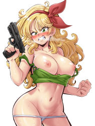 Rule 34 | 1girl, bare shoulders, blonde hair, blue hair, blush, breasts, breasts out, clenched hand, clenched teeth, cowboy shot, crop top, curly hair, dragon ball, dragon ball (classic), dragonball z, fangs, feet out of frame, green eyes, green tank top, groin, gun, hair ribbon, hairband, highres, holding, holding gun, holding weapon, large breasts, lewdamone, long hair, looking at viewer, lunch (bad) (dragon ball), lunch (dragon ball), navel, nipples, nose blush, off shoulder, panties, panty pull, parted lips, red hairband, red ribbon, ribbon, shiny skin, simple background, solo, standing, strap slip, sweat, tank top, teeth, thighs, underwear, weapon, white background, white panties