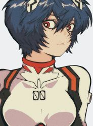 Rule 34 | 1girl, ayanami rei, blue hair, bright pupils, closed mouth, collarbone, hair between eyes, highres, interface headset, looking to the side, neon genesis evangelion, open mouth, paper texture, pikurusu, pilot suit, plugsuit, portrait, red eyes, short hair, simple background, solo, white background