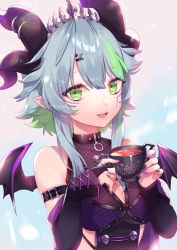 Rule 34 | 1girl, apricot the lich, apricot the lich (1st costume), blue background, blue hair, commission, cup, demon girl, green eyes, hair between eyes, holding, holding cup, horns, indie virtual youtuber, looking at viewer, mini wings, nail polish, pointy ears, saku nosuke, short hair, short hair with long locks, skeb commission, skindentation, solo, teacup, virtual youtuber, wings