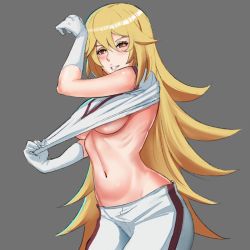 Rule 34 | + +, 1girl, arm up, blonde hair, blush, breasts, clothes pull, commentary, cowboy shot, elbow gloves, english commentary, gloves, grey background, grin, groin, gym uniform, hair between eyes, jamjamstyle, long hair, looking at viewer, medium breasts, mixed-language commentary, navel, no bra, revision, shiny skin, shirt, shirt pull, shirt tug, shokuhou misaki, shorts, sidelocks, simple background, smile, solo, standing, stomach, symbol-shaped pupils, toaru kagaku no railgun, toaru majutsu no index, underboob, white gloves, white shirt, white shorts, yellow eyes