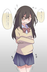 Rule 34 | 1girl, averting eyes, blue skirt, blush, bow, bowtie, breasts, bright pupils, brown eyes, brown hair, collared shirt, cowboy shot, crossed arms, embarrassed, female focus, flying sweatdrops, gradient background, grey background, hair between eyes, have to pee, highres, japanese text, long hair, long sleeves, looking to the side, miniskirt, motion lines, nervous, open mouth, original, outline, pleated skirt, red bow, red bowtie, school uniform, shirt, sidelocks, simple background, skirt, small breasts, solo, speech bubble, standing, sweat, sweater, talking, thighs, translation request, urine meter, watakarashi, white outline, white pupils, white shirt, wide-eyed, yellow sweater