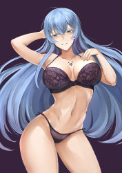 Rule 34 | 1girl, absurdres, akame ga kill!, arm up, armpits, bare shoulders, blue eyes, blue hair, bra, breasts, cleavage, commentary request, esdeath, eyelashes, grin, highres, large breasts, long hair, looking at viewer, looking down, panties, purple background, purple bra, purple panties, simple background, smile, solo, tattoo, thighs, underwear, very long hair, zcheng weibing
