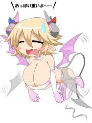 Rule 34 | 1girl, aqua eyes, blonde hair, blush, blush stickers, breasts, cleavage, collar, demon girl, demon tail, demon wings, elbow gloves, fang, gloves, green eyes, huge breasts, rami (mon-musu quest!), mon-musu quest!, mon-musu quest: paradox, open mouth, pointy ears, rami (mon-musu quest!), ribbon, short hair, solo, tail, thighhighs, translated, white gloves, wings