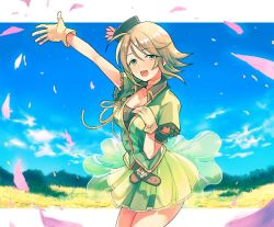 Rule 34 | 10s, 1girl, :d, armband, artist request, beige gloves, belt, blonde hair, blue sky, breasts, buttons, cleavage, cloud, collarbone, cowboy shot, day, field, fingerless gloves, flower, flower field, gloves, green eyes, green hat, green jacket, green skirt, hand on own chest, hat, hat flower, idolmaster, idolmaster cinderella girls, jacket, looking at viewer, medium breasts, open mouth, outdoors, petals, pleated skirt, round teeth, short hair, short sleeves, sixi p, skirt, sky, smile, solo, standing, teeth, thighs, umeki otoha
