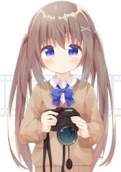 Rule 34 | 1girl, absurdres, blue bow, blue eyes, blush, bow, brown cardigan, brown hair, camera, cardigan, closed mouth, collared shirt, commentary request, dress shirt, hair ornament, hairclip, highres, holding, holding camera, long hair, long sleeves, nakkar, original, school uniform, shirt, sidelocks, smile, solo, twintails, upper body, very long hair, white background, white shirt, x hair ornament