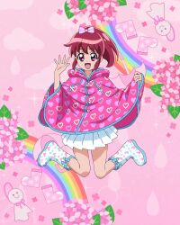 Rule 34 | 1girl, aino megumi, bag, boots, bow, full body, hair bow, happinesscharge precure!, highres, jumping, long hair, official art, open mouth, pink bow, pink eyes, pink hair, ponytail, precure, precure connection puzzlun, raincoat, rubber boots, skirt, smile, solo, third-party source, white skirt