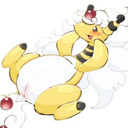 Rule 34 | 1girl, absurdres, ampharos, animal focus, anus, arms up, black eyes, blush, cleft of venus, creatures (company), female focus, forehead jewel, full body, game freak, gem, gen 2 pokemon, hands on own cheeks, hands on own face, happy, highres, long hair, lying, mega ampharos, mega pokemon, nintendo, on back, open mouth, pokemon, pokemon (creature), presenting, pussy, red gemstone, red leopard, sideways mouth, simple background, smile, solo, spread legs, uncensored, white background, white hair