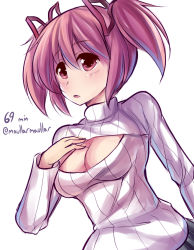 Rule 34 | 10s, 1girl, blush, breasts, cleavage, cleavage cutout, clothing cutout, completion time, hair ribbon, kaname madoka, mahou shoujo madoka magica, mahou shoujo madoka magica (anime), maullarmaullar, medium breasts, meme attire, open-chest sweater, pink eyes, pink hair, ribbed sweater, ribbon, short twintails, skirt, solo, sweater, turtleneck, twintails, twitter username, upper body