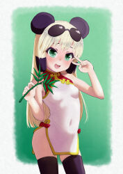 Rule 34 | 1girl, absurdres, animal ears, bare shoulders, black hair, black thighhighs, blonde hair, blush, breasts, china dress, chinese clothes, chocomarybadend, cowboy shot, dress, green background, green eyes, hands up, highres, holding, holding plant, legs apart, long hair, looking at viewer, mei-mei (murenase! shiiton gakuen), multicolored hair, murenase! shiiton gakuen, open mouth, panda ears, panda girl, petite, plant, red dress, short dress, simple background, sleeveless, sleeveless dress, small breasts, standing, sunglasses, sunglasses on head, teeth, thighhighs, three-tone dress, two-tone background, two-tone hair, upper teeth only, v, v over eye, white background, white dress, yellow dress