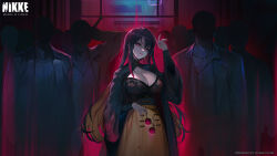 Rule 34 | 1girl, 6+boys, absurdres, artist request, black hair, blonde hair, breasts, cleavage, cleavage cutout, clothing cutout, colored inner hair, cropped, dress, faceless, faceless male, goddess of victory: nikke, highres, holding, holding removed eyewear, large breasts, long hair, long sleeves, looking at viewer, moran (nikke), multicolored hair, multiple boys, official art, parted lips, red eyes, round eyewear, second-party source, solo focus, standing, sunglasses, unworn eyewear, watermark