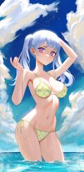 Rule 34 | 1girl, absurdres, bikini, black clover, blush, breasts, grey hair, highres, large breasts, looking at viewer, noelle silva, purple eyes, revenantart, shiny skin, swimsuit, thick thighs, thighs, twintails, water, wet