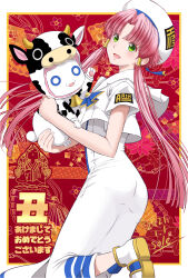 Rule 34 | 1girl, animal costume, aria (manga), aria company uniform, aria pokoteng, bell, beret, blue bow, blue bowtie, blue ribbon, border, bow, bowtie, cat, cow costume, cowbell, dress, eyelashes, from behind, gold trim, green eyes, hat, hat ribbon, highres, holding, impossible clothes, impossible dress, mizunashi akari, open mouth, pink hair, red background, ribbon, short hair with long locks, short sleeves, side slit, standing, standing on one leg, telaform, white border, white cat, white dress, white footwear, white headwear