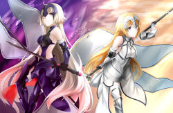 Rule 34 | 2girls, ahoge, armor, armored boots, armored dress, banner, black gloves, blonde hair, boots, breasts, clothing cutout, detached sleeves, dress, fate/grand order, fate (series), floating hair, fur trim, gloves, headpiece, holding, holding sword, holding weapon, jeanne d&#039;arc (fate), jeanne d&#039;arc (ruler) (fate), jeanne d&#039;arc (third ascension) (fate), jeanne d&#039;arc alter (avenger) (fate), jeanne d&#039;arc alter (avenger) (third ascension) (fate), jeanne d&#039;arc alter (fate), large breasts, long hair, midriff, multiple girls, navel, navel cutout, purple dress, rukinya (nyanko mogumogu), sideboob, silver hair, sleeveless, sleeveless dress, sparkle, standing, stomach, sword, thighhighs, very long hair, weapon, white dress, yellow eyes