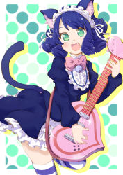 Rule 34 | 10s, 1girl, animal ears, bell, blue hair, cat ears, cat tail, curly hair, cyan (show by rock!!), guitar, instrument, open mouth, polka dot, polka dot background, shishio (artist), show by rock!!, strawberry heart (show by rock!!), striped clothes, striped thighhighs, tail, thighhighs
