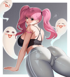Rule 34 | 1girl, alternate costume, alternate hairstyle, arm tattoo, ass, ass focus, bare shoulders, black eyes, black shirt, breasts, cameltoe, devil fruit, eyelashes, ghost, grey pants, highres, ho haiiro, horo horo no mi, huge ass, large breasts, long hair, looking at viewer, looking back, one piece, pants, perona, pink hair, shiny skin, shirt, solo, tattoo, tight clothes, tight pants, twintails, very long hair, wide hips