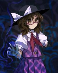 Rule 34 | 1girl, black hat, bow, brown eyes, brown hair, buttons, closed mouth, collared shirt, commentary request, cowboy shot, flat chest, glasses, hat, hat bow, kaigen 1025, medium hair, neckerchief, plaid, plaid vest, pleated skirt, puffy short sleeves, puffy sleeves, purple skirt, purple vest, red-framed eyewear, red neckerchief, shirt, short sleeves, skirt, solo, touhou, usami sumireko, vest, white bow, white shirt