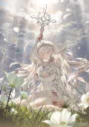 Rule 34 | 1girl, absurdres, bare shoulders, blood, blood on clothes, blood on face, blood on hands, blood on leg, breasts, closed eyes, closed mouth, cloud, commentary request, detached sleeves, dress, flower, frills, from below, grass, grey hair, highres, holding, holding wand, large breasts, light rays, long hair, mole, mole under eye, original, ribbon, sitting, sky, sleeves past wrists, sunbeam, sunlight, thighhighs, underboob, wand, wariza, white dress, white hair, white ribbon, yunikon