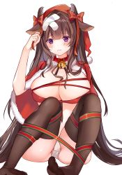 Rule 34 | 1girl, alternate costume, animal ears, azur lane, bell, black thighhighs, blush, bow, bra, breasts, brown hair, christmas, cleavage, cloak, closed mouth, collar, collarbone, cow ears, cow horns, hair bow, hair ribbon, highres, horns, kashino (azur lane), large breasts, long hair, looking at viewer, muki (muki kunxd), neck bell, no shoes, on floor, panties, pantyshot, purple eyes, red bra, red cloak, red collar, ribbon, solo, thighhighs, underwear, white background, white panties