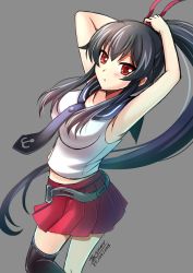 Rule 34 | 10s, 1girl, :o, adjusting hair, armpits, arms up, artist name, asymmetrical legwear, black hair, blush, breasts, dated, female focus, gloves, grey background, kantai collection, large breasts, long hair, looking at viewer, midriff peek, miniskirt, parted lips, ponytail, red eyes, school uniform, serafuku, simple background, single thighhigh, skirt, solo, the-sinner, thighhighs, uneven legwear, white gloves, yahagi (kancolle)