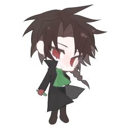 Rule 34 | 1boy, black coat, black pants, boots, braid, brown footwear, brown hair, chibi, chinese commentary, closed mouth, coat, commentary request, green scarf, guawojiaoweizhi, harada minoru, highres, holding, holding pen, long sleeves, male focus, open clothes, open coat, pants, parted bangs, pen, red eyes, saibou shinkyoku, scarf, shirt, side braid, simple background, single braid, smile, solo, white background, white shirt