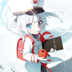 Rule 34 | 1girl, absurdres, apple, backpack, bag, bananafish1111, blue archive, blue eyes, book, cherino (blue archive), coat, death note (object), fake facial hair, fake mustache, food, footprints, fruit, gloves, hat, highres, holding, holding book, holding food, holding fruit, long hair, looking at viewer, notebook, randoseru, red apple, shako cap, solo, two side up, white coat, white gloves, white hair, white hat