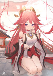 Rule 34 | 1girl, absurdres, animal ears, barefoot, blush, breasts, cherry blossoms, closed mouth, commentary, dated, detached sleeves, earrings, floral print, fox ears, genshin impact, highres, japanese clothes, jewelry, large breasts, long hair, looking at viewer, miko, petals, pink hair, purple eyes, red hair, signature, sitting, solo, stairs, symbol-only commentary, torii, tsukibara, very long hair, water, wide sleeves, yae miko