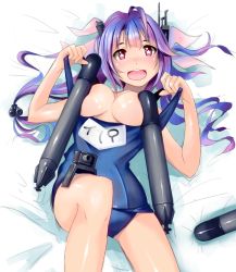 Rule 34 | 10s, 1girl, bad anatomy, bed sheet, blue hair, blush, breasts, hair ornament, hair ribbon, highres, i-19 (kancolle), kantai collection, long hair, lying, mistrail, on back, one-piece swimsuit, open mouth, personification, poorly drawn, red eyes, ribbon, school swimsuit, smile, solo, swimsuit, torpedo, twintails